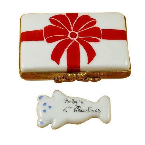 Gift with Red Bow - Baby's First Christmas - Blue Porcelain Limoges xmas theme French Trinket Box