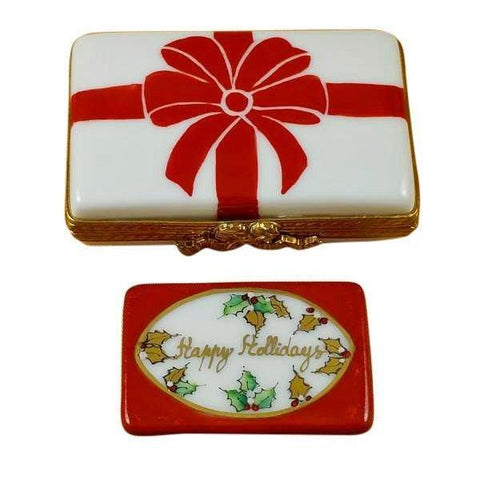 Gift with Red Bow - Happy Holidays Porcelain Limoges xmas theme French Trinket Box
