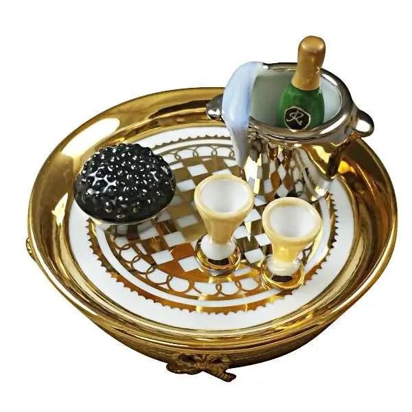 Gold Tray Caviar and Champagne in Bucket Porcelain Limoges Wine xmas French Trinket Box