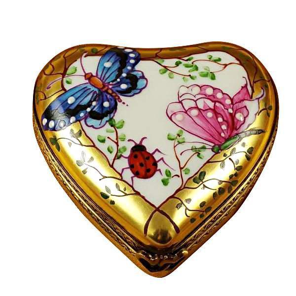 Heart Butterfly On Gold Base Porcelain Limoges Butterfly Heart French Trinket Box