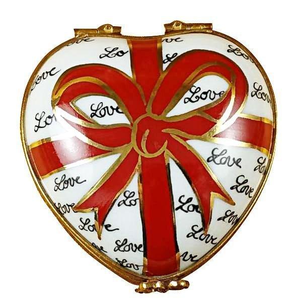 Heart with Red Bow & Three Candies Porcelain Limoges valentine heart French Trinket Box