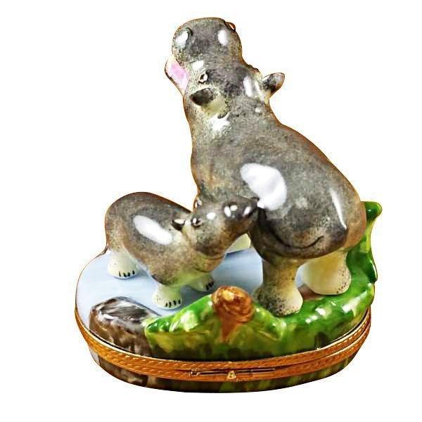 Hippo and Baby Porcelain Limoges wild animals French Trinket Box