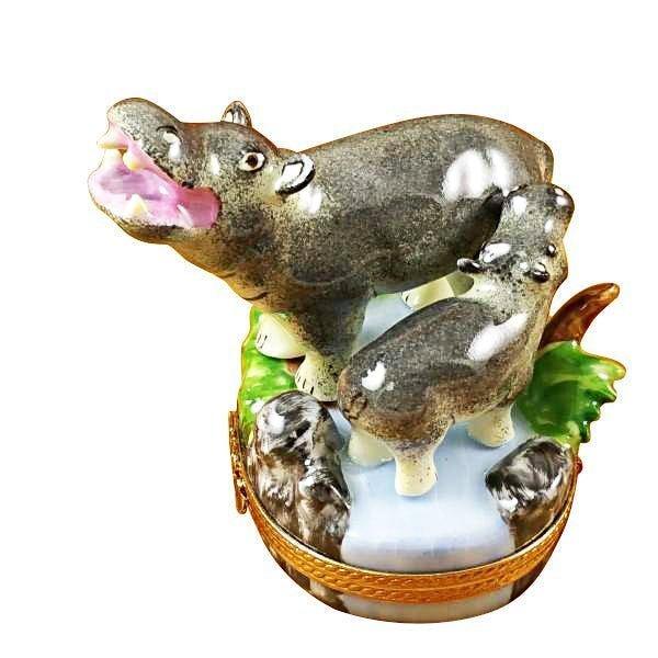 Hippo and Baby Porcelain Limoges wild animals French Trinket Box