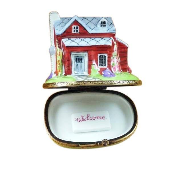 House Cottage w Welcome Plaque Porcelain Limoges Home Special occasions French Trinket Box