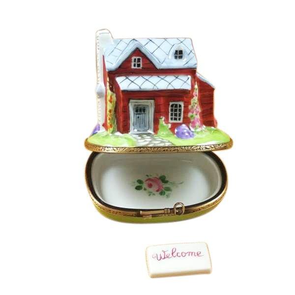 House Cottage w Welcome Plaque Porcelain Limoges Home Special occasions French Trinket Box
