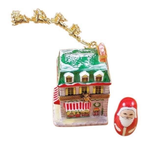 House with Santa and Brass Reindeer Porcelain Limoges Santa French Trinket Box
