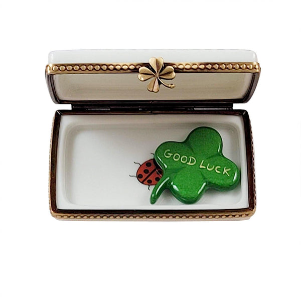 Irish Good Luck with Removable Four Leaf Clover Porcelain Limoges travel special occasions French Trinket Box