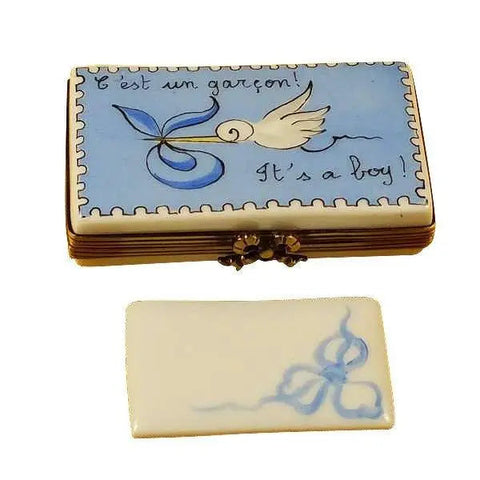 It's a Boy Blue Stork Porcelain Limoges Baby French Trinket Box