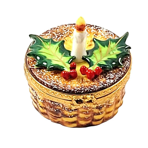 Joyeux Noel Christmas Candle w Holly Porcelain Limoges xmas theme bag French Trinket Box