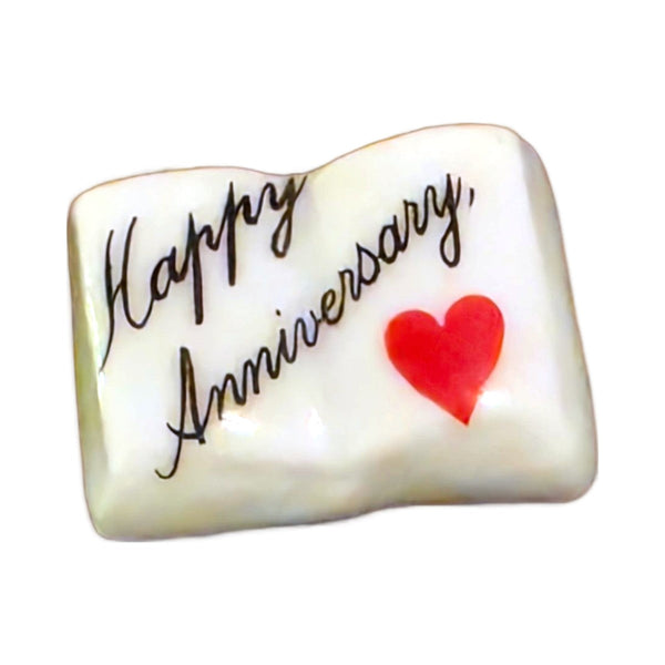 Happy Anniversary! porcelain goodie trinket, open book shape, 5/8 inch wide, with a red heart