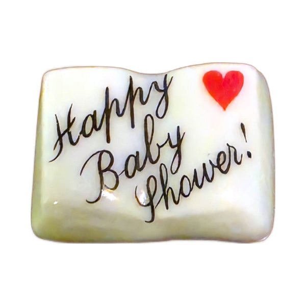 Happy Baby Shower! porcelain goodie trinket, open book shape, 5/8 inch wide, with a red heart