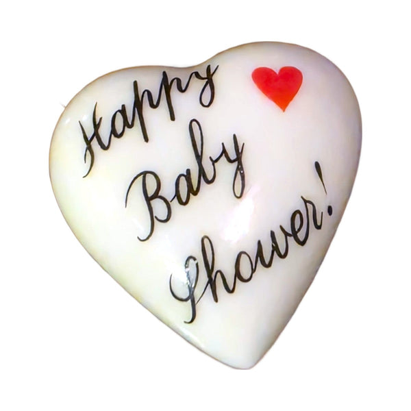 Happy Baby Shower! porcelain goodie trinket, heart shape, 1 inch wide, with a red heart
