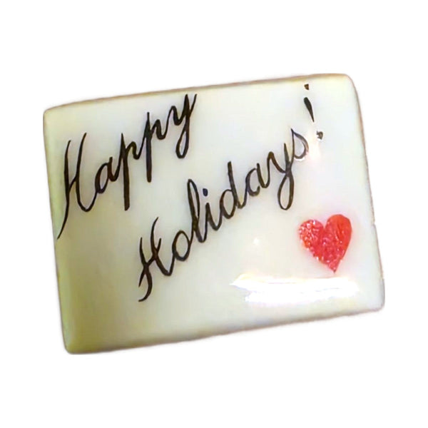 Happy Holidays! porcelain goodie trinket, rectangle shape, 5/8 inch wide, with a red heart