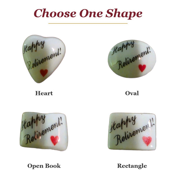 Happy Retirement! porcelain goodie trinkets in all shapes: heart, oval, open book and rectangle