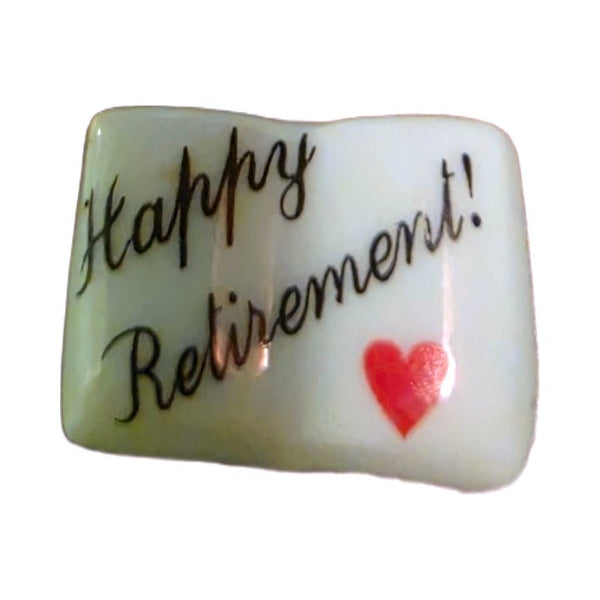 Happy Retirement! porcelain goodie trinket, open book shape, 5/8 inch wide, with a red heart