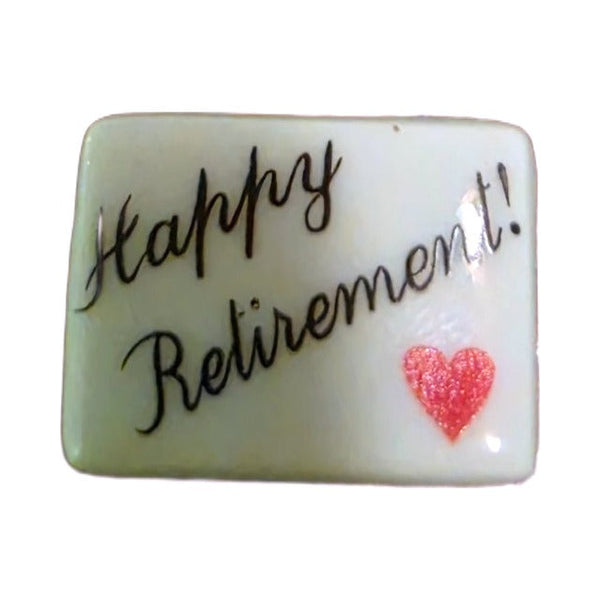 Happy Retirement! porcelain goodie trinket, rectangle shape, 5/8 inch wide, with a red heart