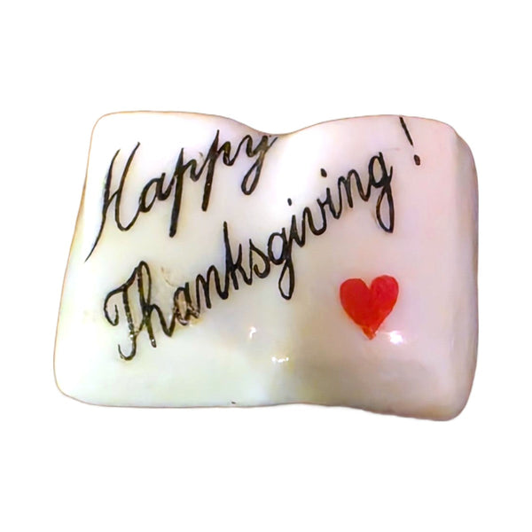 Happy Thanksgiving! porcelain goodie trinket, open book shape, 5/8 inch wide, with a red heart