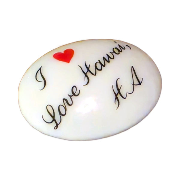 I Love Hawaii porcelain goodie trinket, oval shape, 1 inch wide, with a red heart