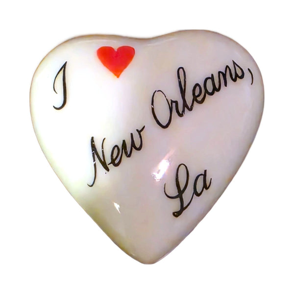 I Love New Orleans, LA porcelain goodie trinket, heart shape, 1 inch wide, with a red heart