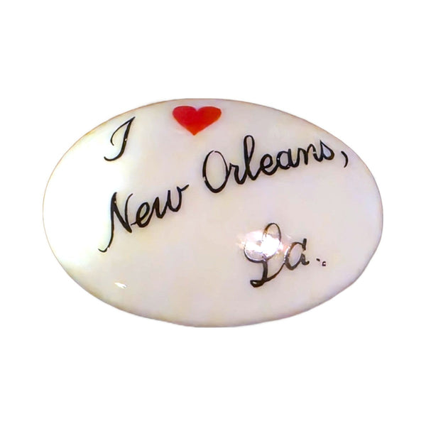I Love New Orleans, LA porcelain goodie trinket, oval shape, 1 inch wide, with a red heart