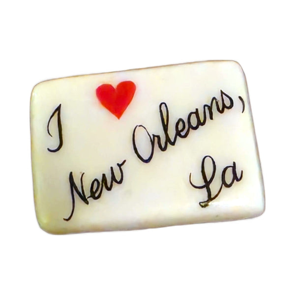 I Love New Orleans, LA porcelain goodie trinket, rectangle shape, 5/8 inch wide, with a red heart