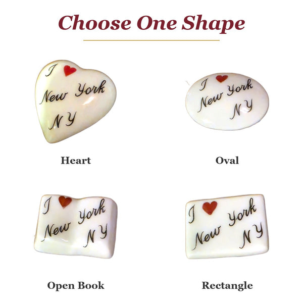 I Love New York, NY porcelain goodie trinkets in all shapes: heart, oval, open book, rectangle