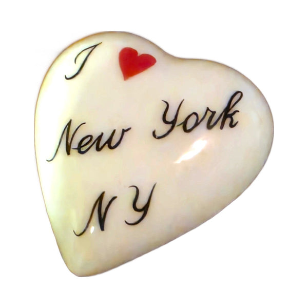 I Love New York, NY porcelain goodie trinket, heart shape, 1 inch wide, with a red heart