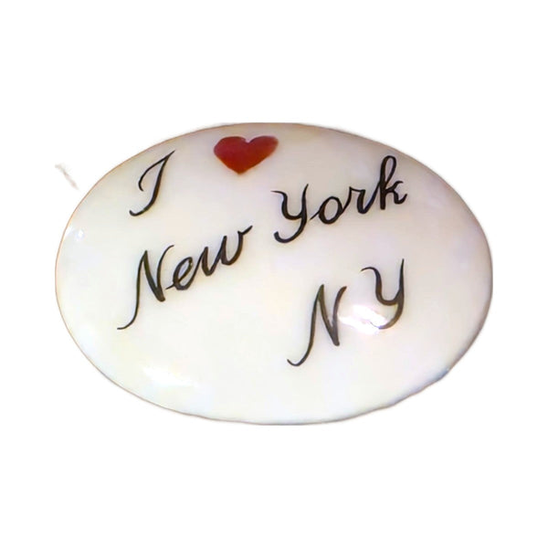 I Love New York, NY porcelain goodie trinket, oval shape, 1 inch wide, with a red heart