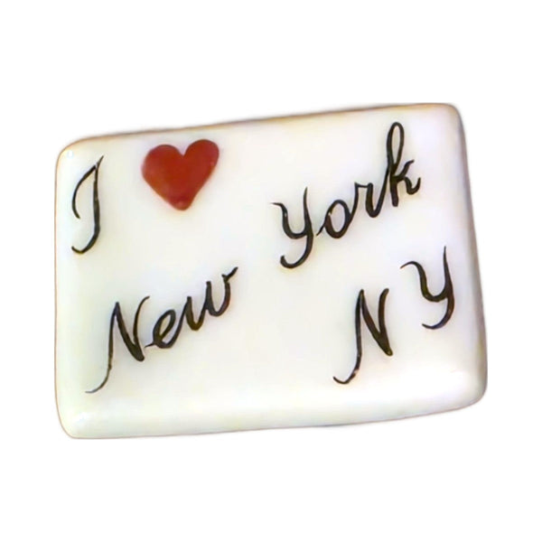 I Love New York, NY porcelain goodie trinket, rectangle shape, 5/8 inch wide, with a red heart