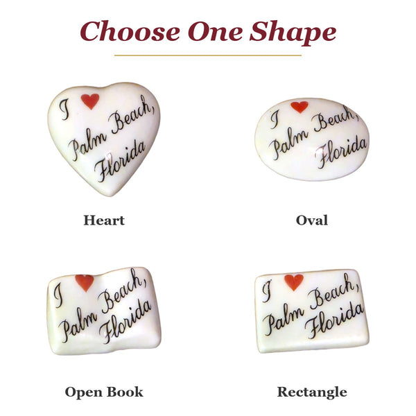 I Love Palm Beach, Florida porcelain goodie trinkets in all shapes: heart, oval, open book, rectangle