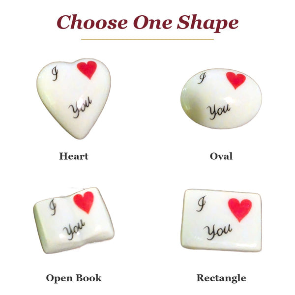 I Love You porcelain goodie trinkets in all shapes: heart, oval, open book, rectangle