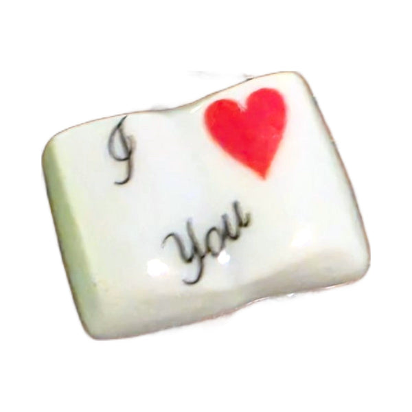 I Love You porcelain goodie trinket, open book shape, 5/8 inch wide, with a red heart