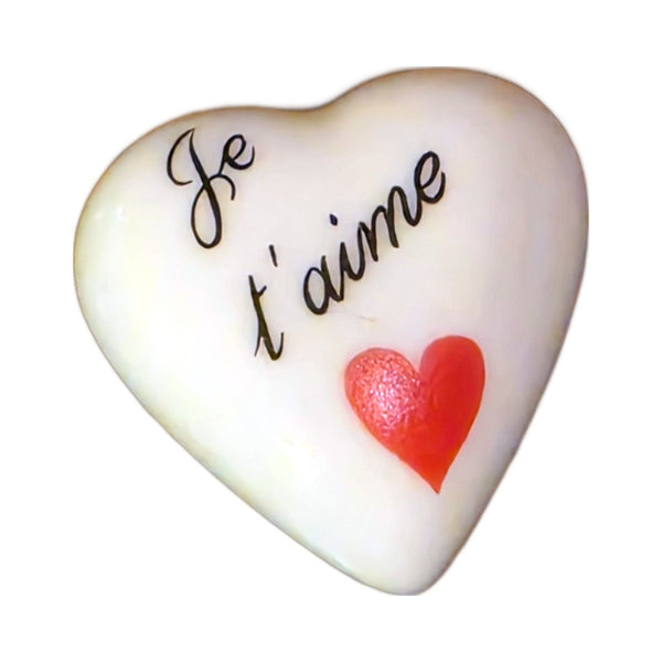Je T'aime! porcelain goodie trinket, heart shape, 1 inch wide, with a red heart