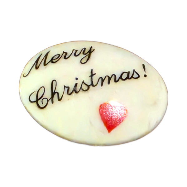 Merry Christmas! porcelain goodie trinket, oval shape, 1 inch wide, with a red heart