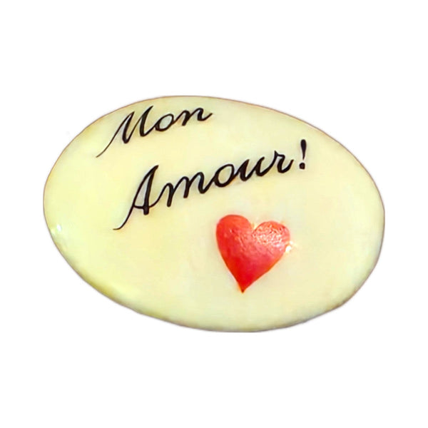 Mon Amour! porcelain goodie trinket, oval shape, 1 inch wide, with a red heart