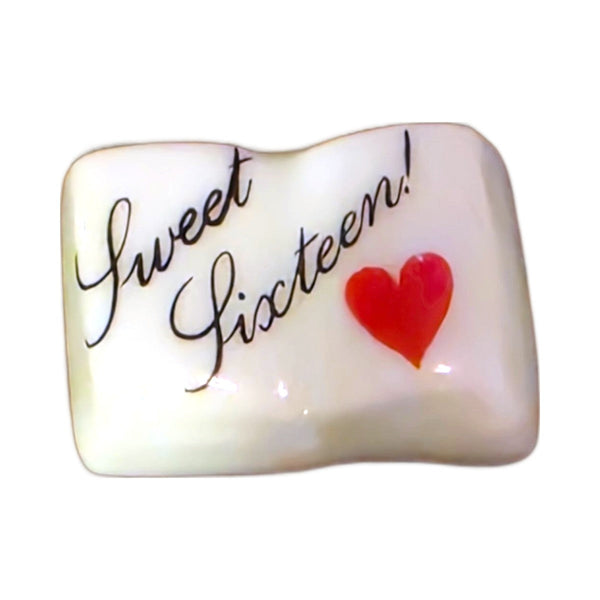 Sweet Sixteen! porcelain goodie trinket, open book shape, 5/8 inch wide, with a red heart