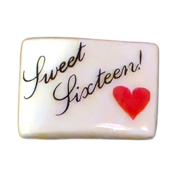 Sweet Sixteen! porcelain goodie trinket, rectangle shape, 5/8 inch wide, with a red heart