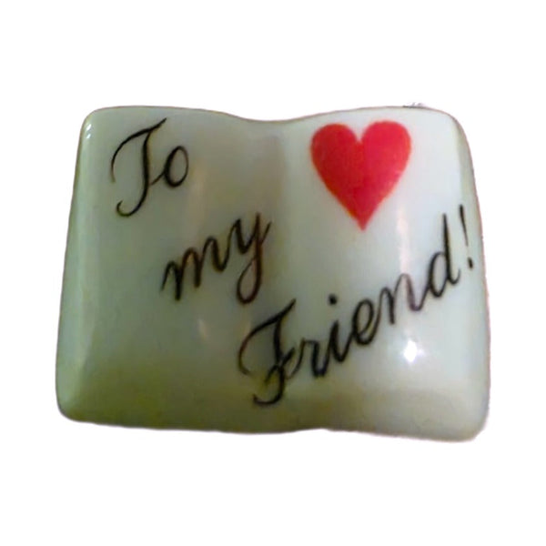 To My Friend! porcelain goodie trinket, open book shape, 5/8 inch wide, with a red heart