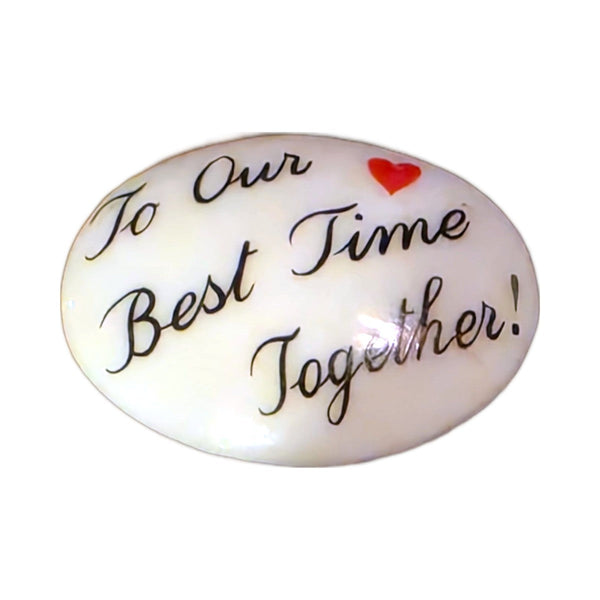 To Our Best Time Together! porcelain goodie trinket, oval shape, 1 inch wide, with a red heart