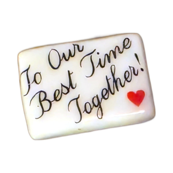 To Our Best Time Together! porcelain goodie trinket, rectangle shape, 5/8 inch wide, with a red heart