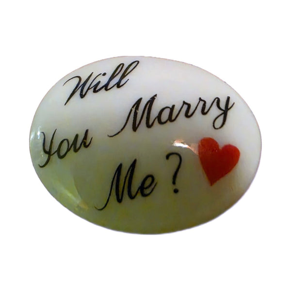 Will You Marry Me? porcelain goodie trinket, oval shape, 1 inch wide, with a red heart