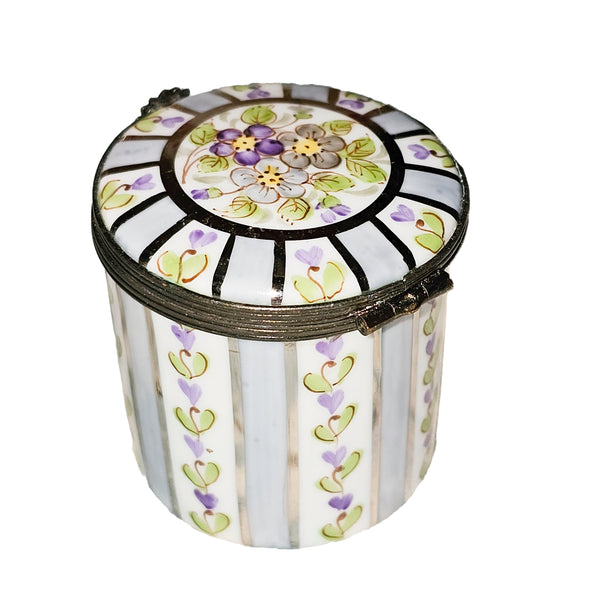 Light Blue Floral Stripe Box Porcelain Limoges traditional French Trinket Box