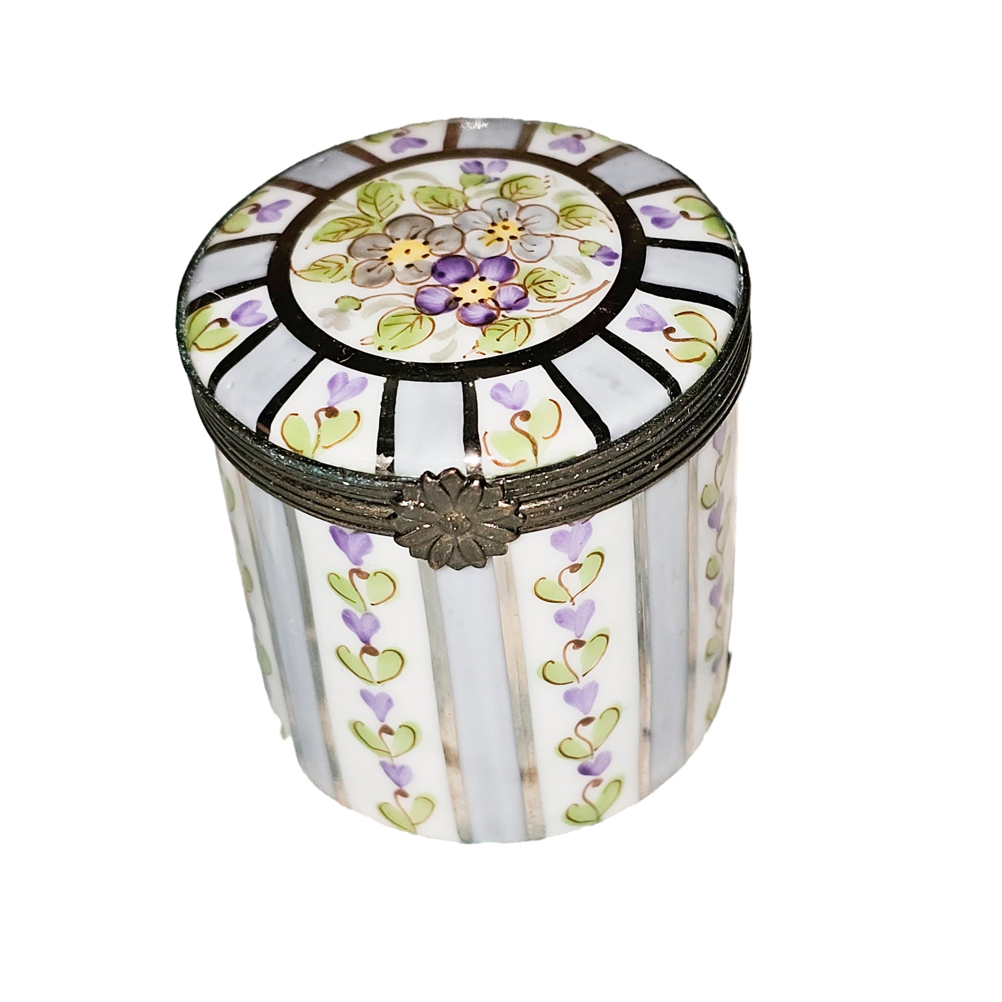 Light Blue Floral Stripe Box Porcelain Limoges traditional French Trinket Box