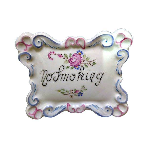 Hand-painted No Smoking Limoges porcelain plaque with pink rose and blue scroll border