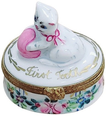 First Tooth Cat Keepsake Box Porcelain Limoges Baby French Trinket Box