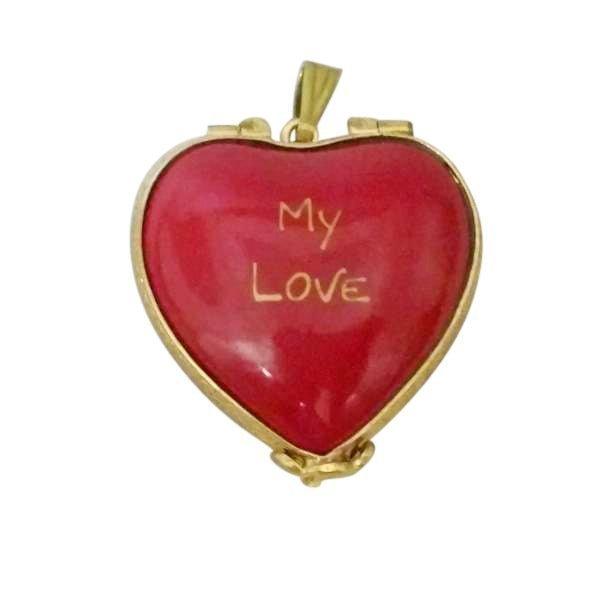 PENDANT: My Love Forever Yours Red Heart Porcelain Limoges valentine heart love French Trinket Box