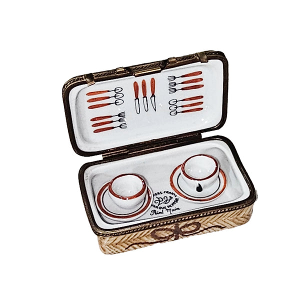 Picnic Basket with Teacups Porcelain Limoges Basket Beach Summer French Trinket Box