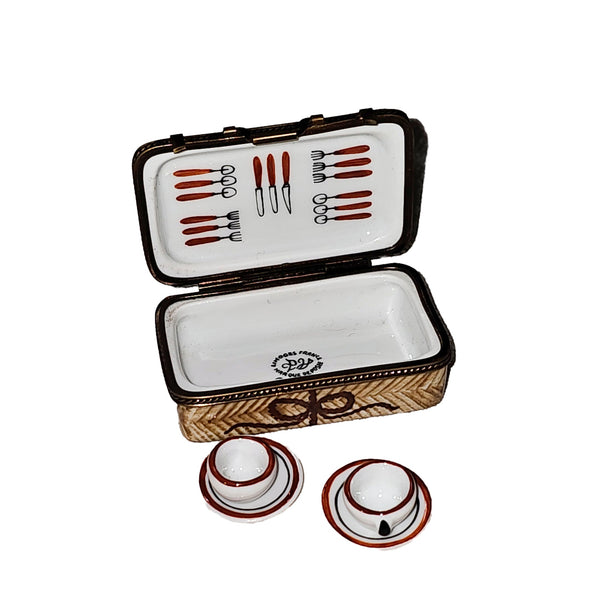 Picnic Basket with Teacups Porcelain Limoges Basket Beach Summer French Trinket Box