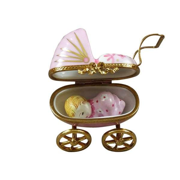 Pink Baby Carriage Porcelain Limoges Babies Figurine French Trinket Box
