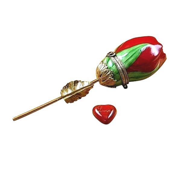 Red Rose with Gold Stem Love Heart Porcelain Limoges valentine heart love garden flowers French Trinket Box